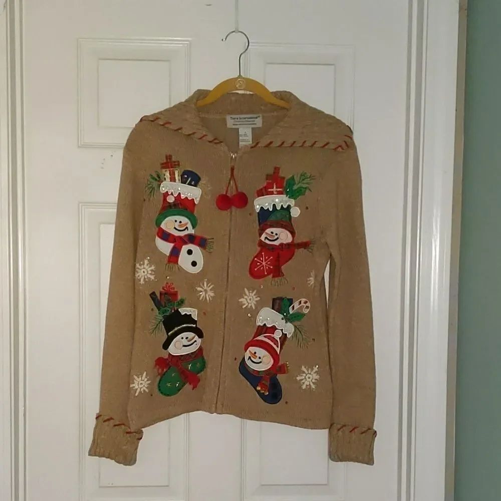 Tiara International snowman cardigan sweater Sz S